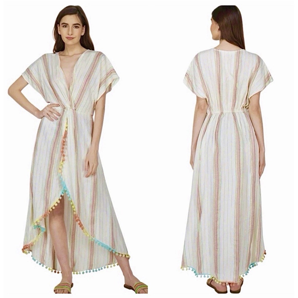 America & Beyond Rainbow Sunshine Striped Pom Pom Beach Cover Up L • Resortwear
